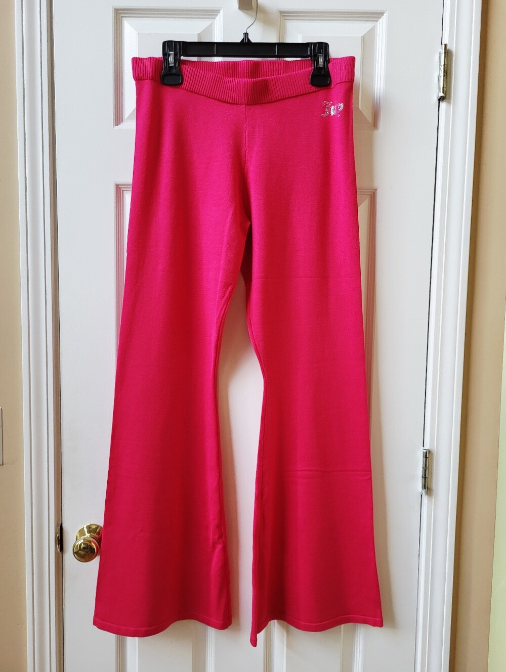NWT Juicy Couture Knit Flare Pants Vixen Pink Rhinestone Logo Size Large Flared